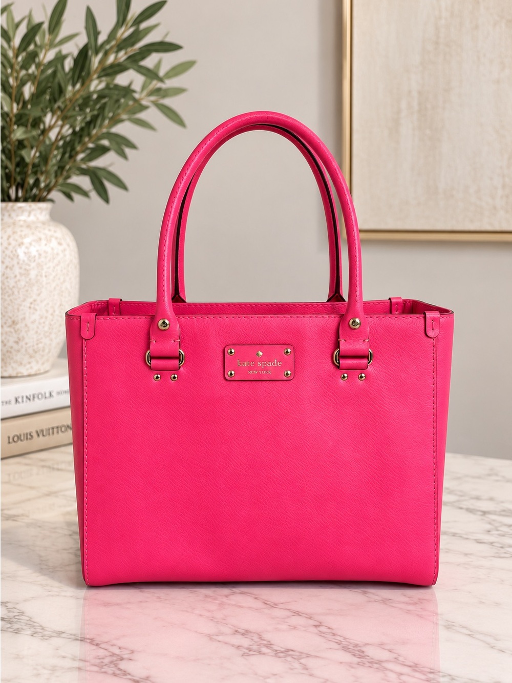 Kate Spade Hot Pink Leather Tote Bag Structured Shoulder Handbag